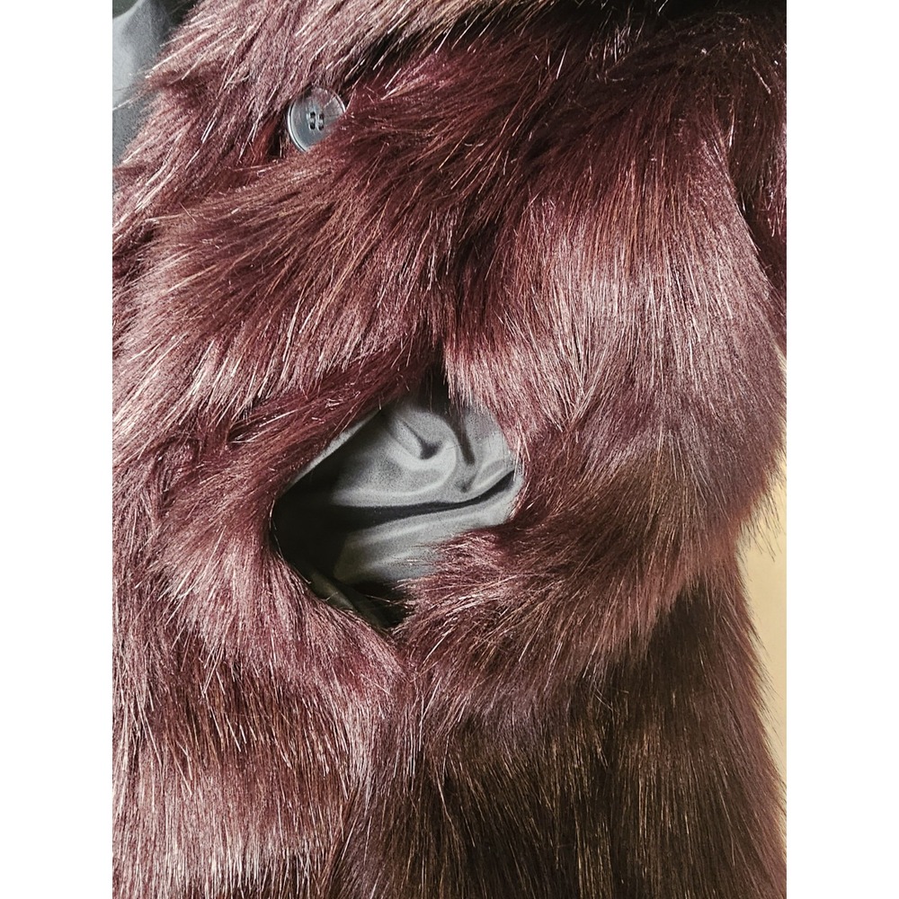 Express Faux Fur Coat Womens M Burgundy Oxblood Plush Mob Wife Statement Jacket - Picture 5 of 9